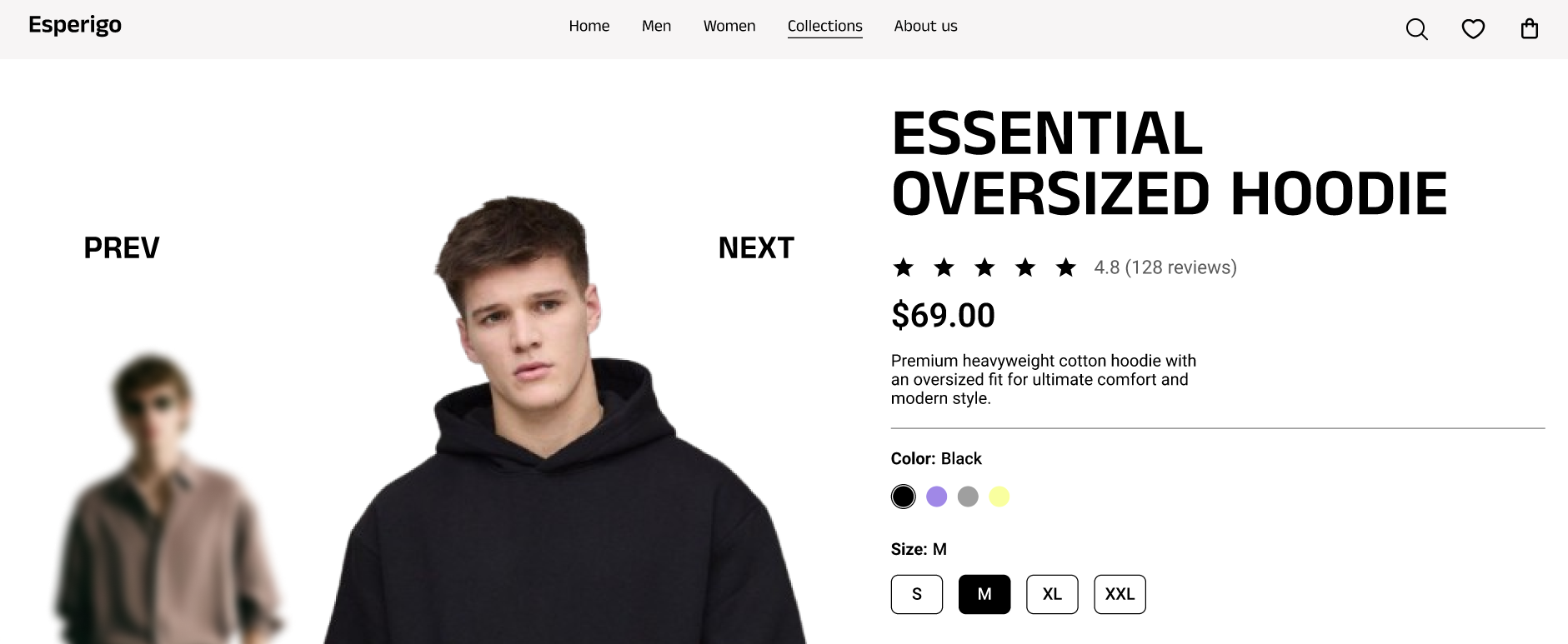 Esperigo oversized hoodie ecommerce product page design